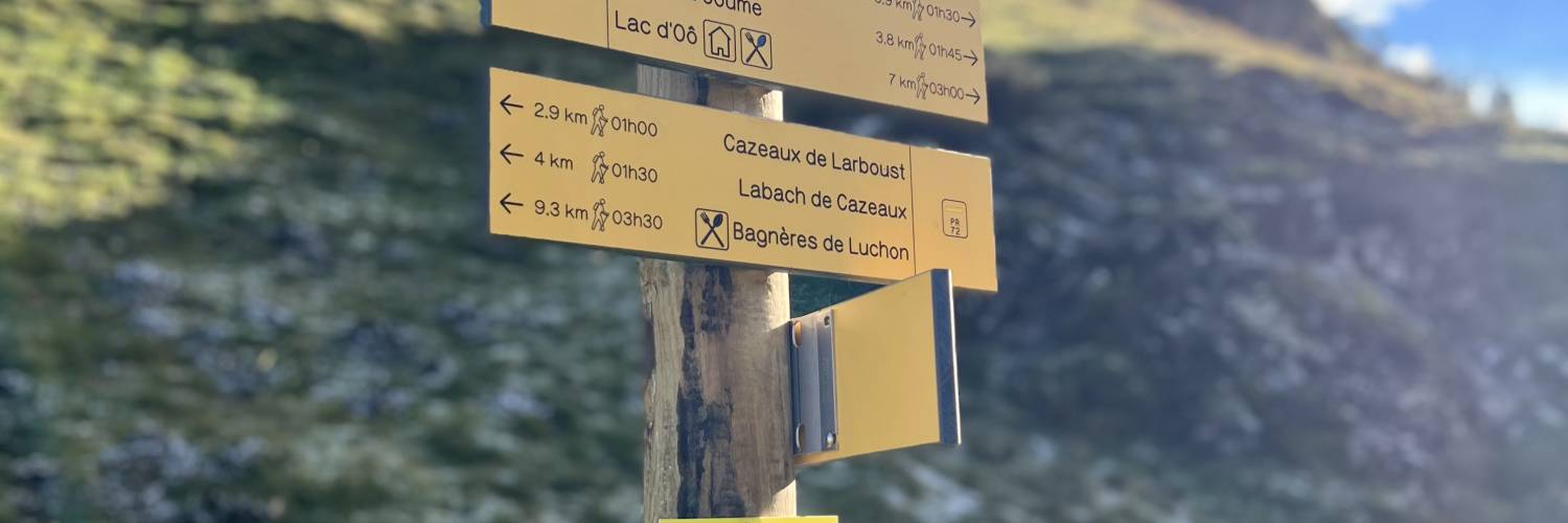 Panneaux balisage en bois à Superbagnères avec un izard gravé et le GR 10